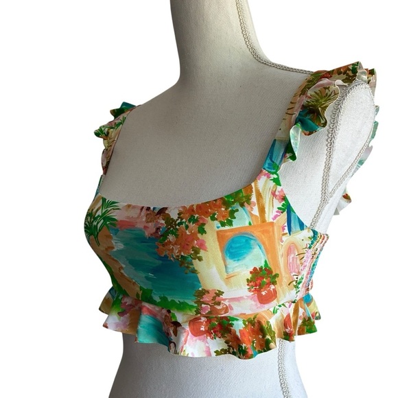 Show Me Your MuMu Tropical Print Ruffle Crop Swim Top Small - Picture 7 of 9